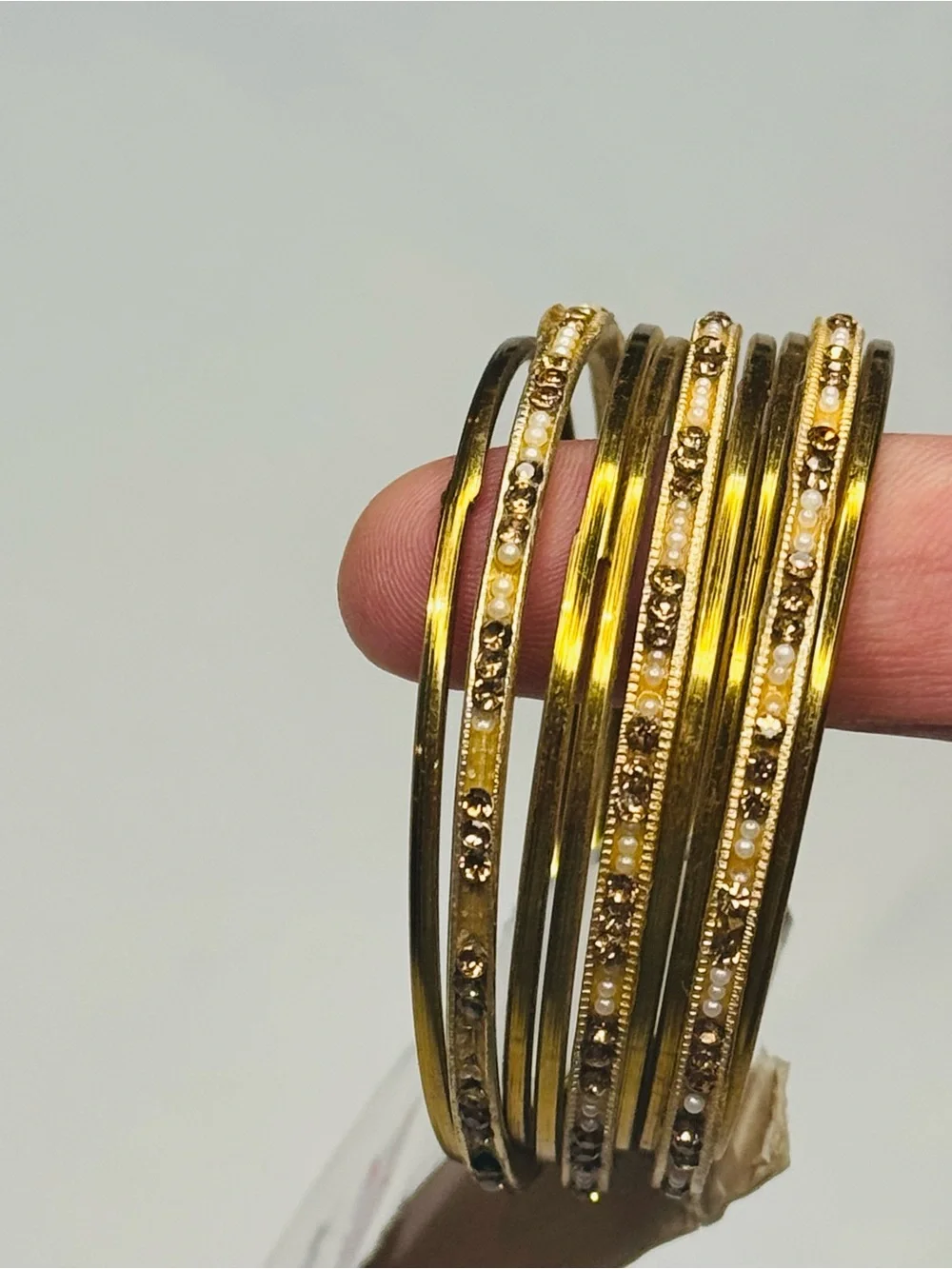 Set of 9 Gold Tone Bangle Bracelet Stack Set Rhinestone Crystal Embellished New